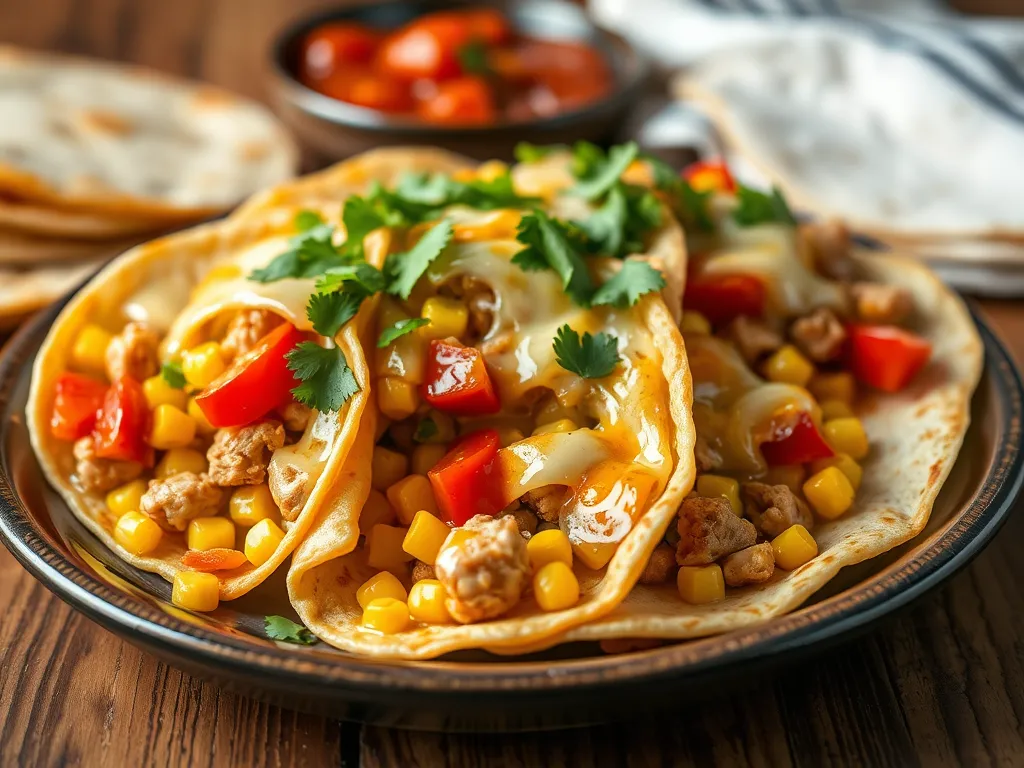 Przepis na zapiekane tortille z kurczakiem, papryką, kukurydzą i serem