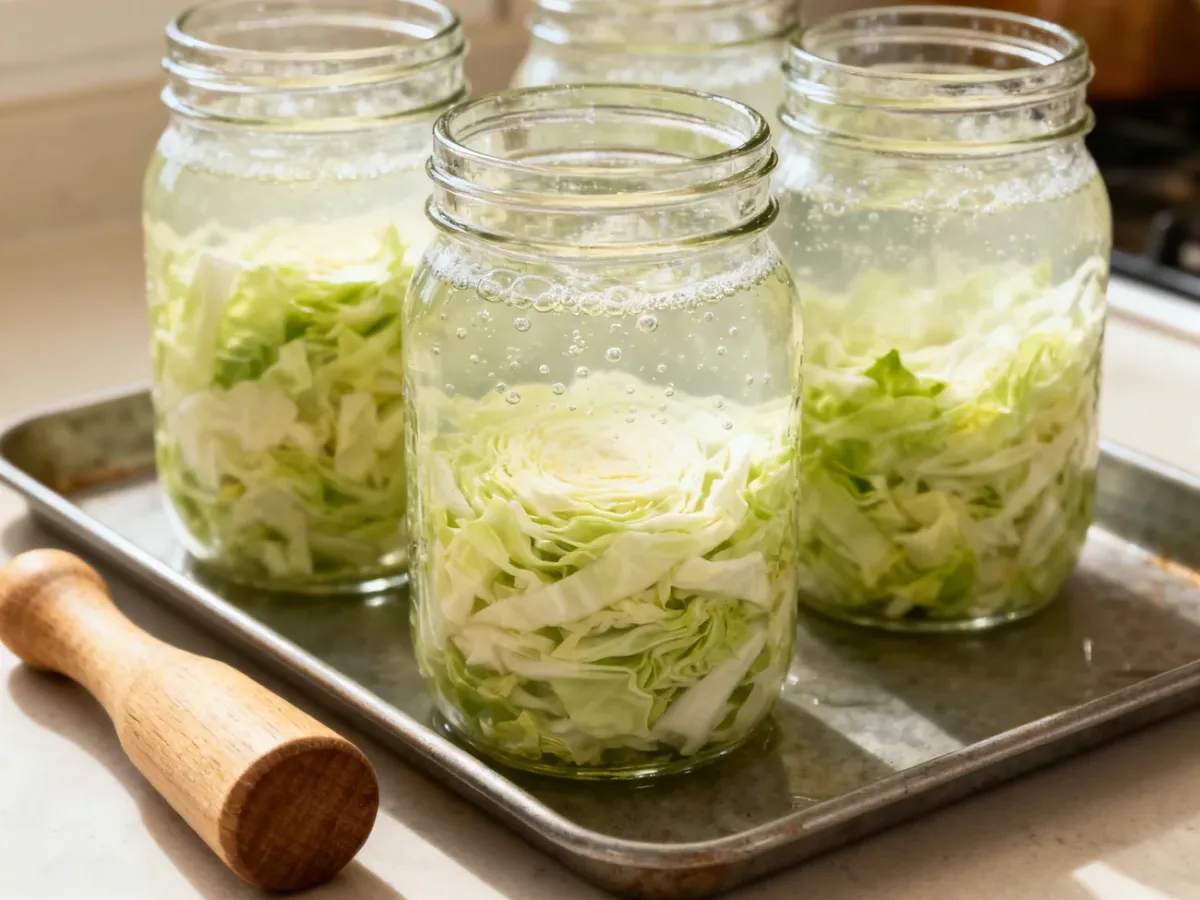 Słoiki z ubijaną kapustą ustawione na tacy