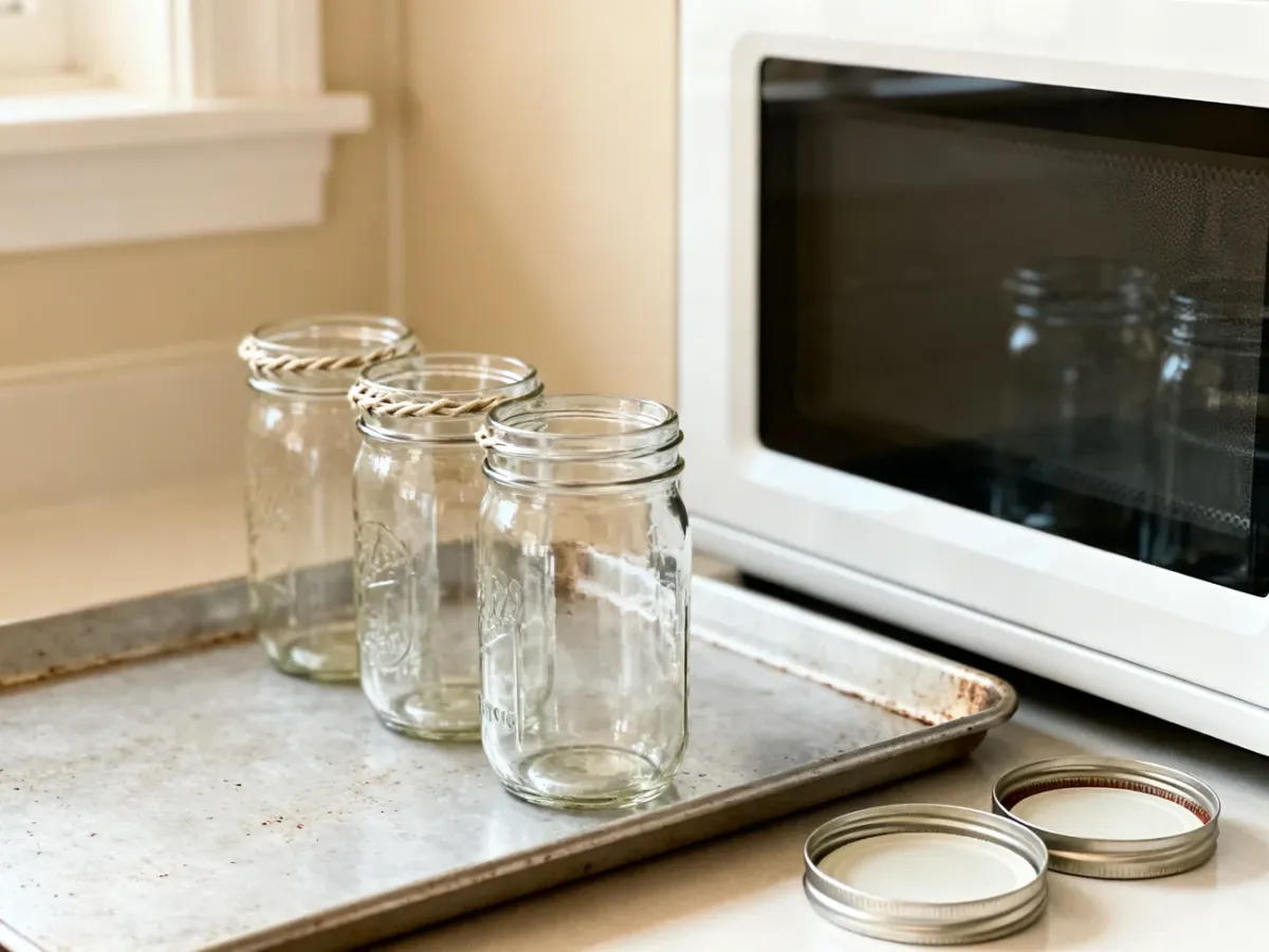 Czyste słoiki ustawione na suchej blasze przed pasteryzacją