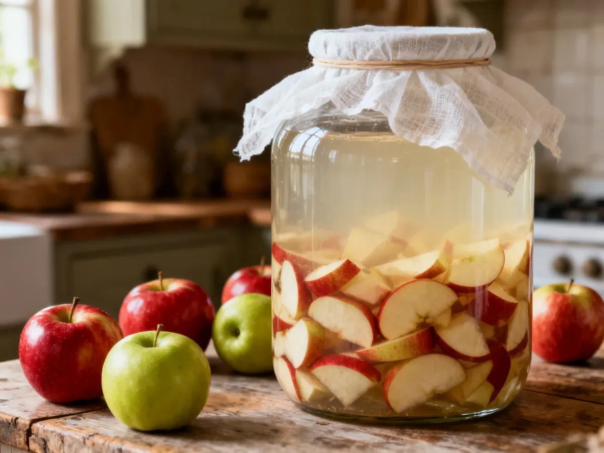Słoik z jabłkami przygotowanymi do fermentacji octowej